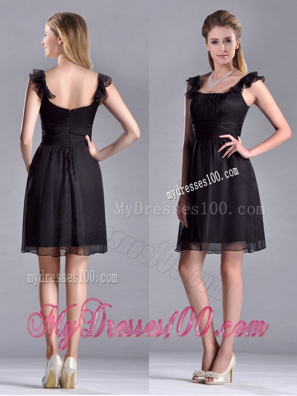 Simple Empire Square Chiffon Black Mother of The Bride Dress with Cap Sleeves