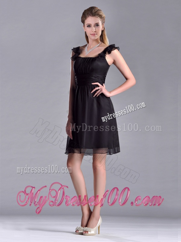 Simple Empire Square Chiffon Black Mother of The Bride Dress with Cap Sleeves