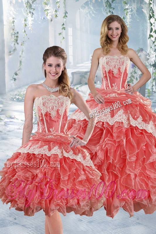 2016 New Style Strapless Appliques and Ruffles Quinceanera Dresses in Watermelon