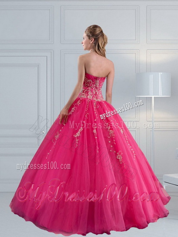2016 Perfect Sweetheart Hot Pink Quinceanera Dress with Appliques and Beading