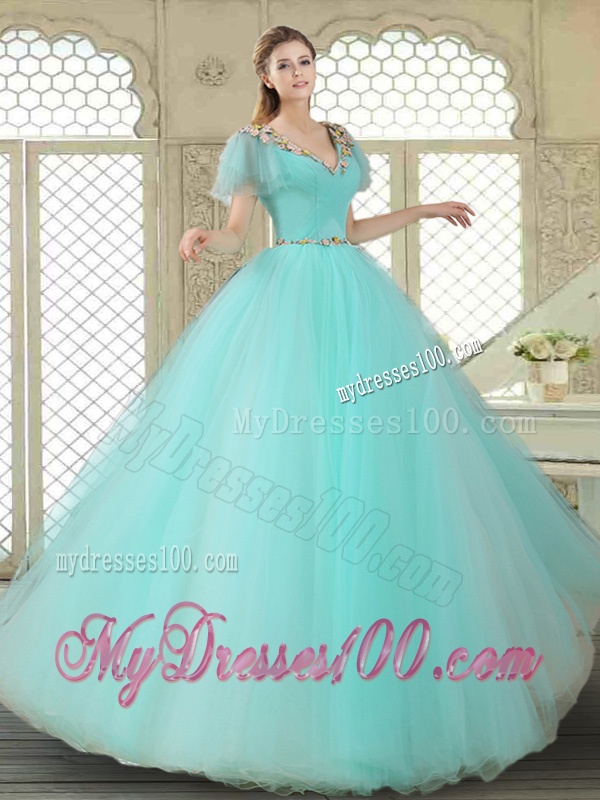 Exquisite V Neck Mint Sweet 16 Dresses with Appliques