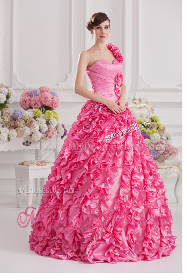 Hot Pink Ball Gown One Shoulder Taffeta Hand Made Flowers and Ruffles Quinceanera Dress