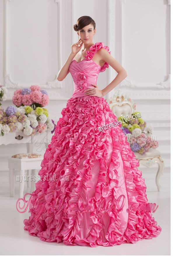 Hot Pink Ball Gown One Shoulder Taffeta Hand Made Flowers and Ruffles Quinceanera Dress