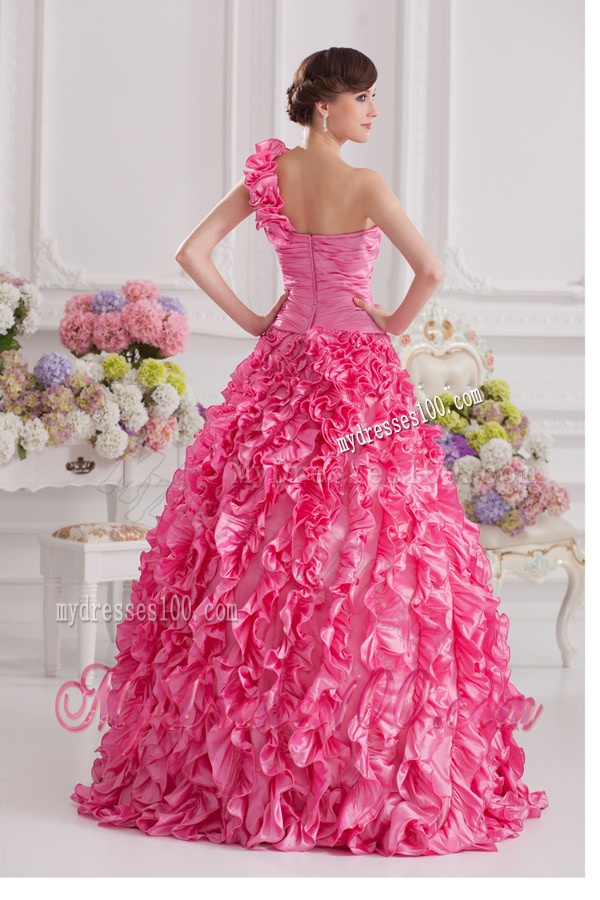 Hot Pink Ball Gown One Shoulder Taffeta Hand Made Flowers and Ruffles Quinceanera Dress