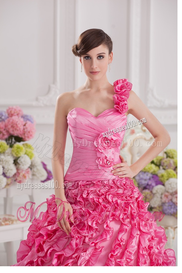 Hot Pink Ball Gown One Shoulder Taffeta Hand Made Flowers and Ruffles Quinceanera Dress