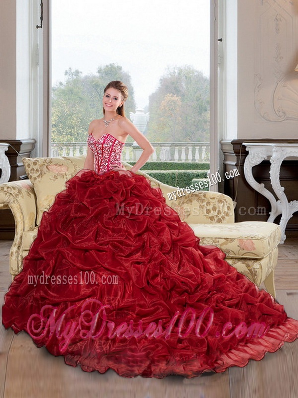 Inexpensive Sweetheart Beading and Pick Ups 2016 Quinceanera Dresses in Wine Red