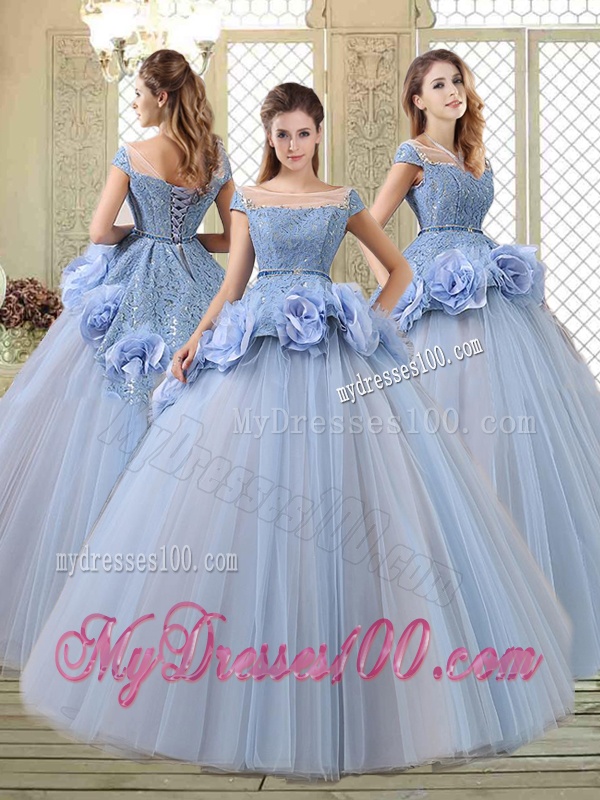 Luxurious Bateau Lavender Quinceanera Gowns with Hand Made Flowers