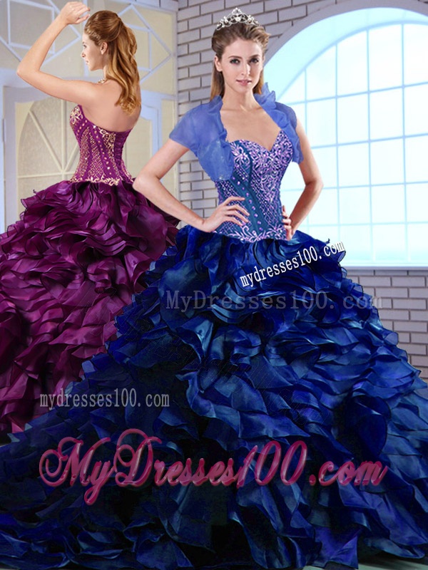 Perfect Brush Train Ruffles and Appliques Quinceanera Dresses in Royal Blue
