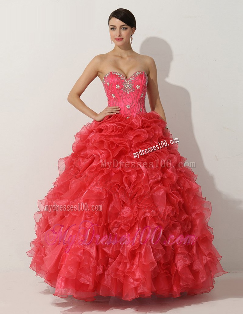 Eveningotional Princess Red Quinceanera Gown with Beading and Ruffles