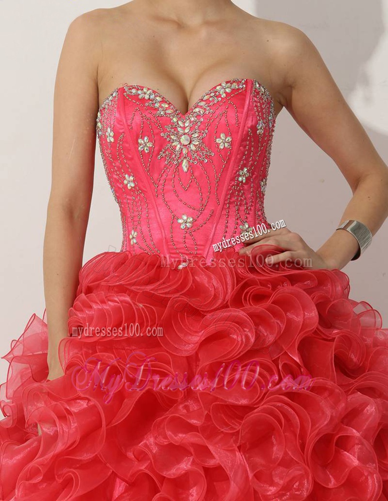 Eveningotional Princess Red Quinceanera Gown with Beading and Ruffles