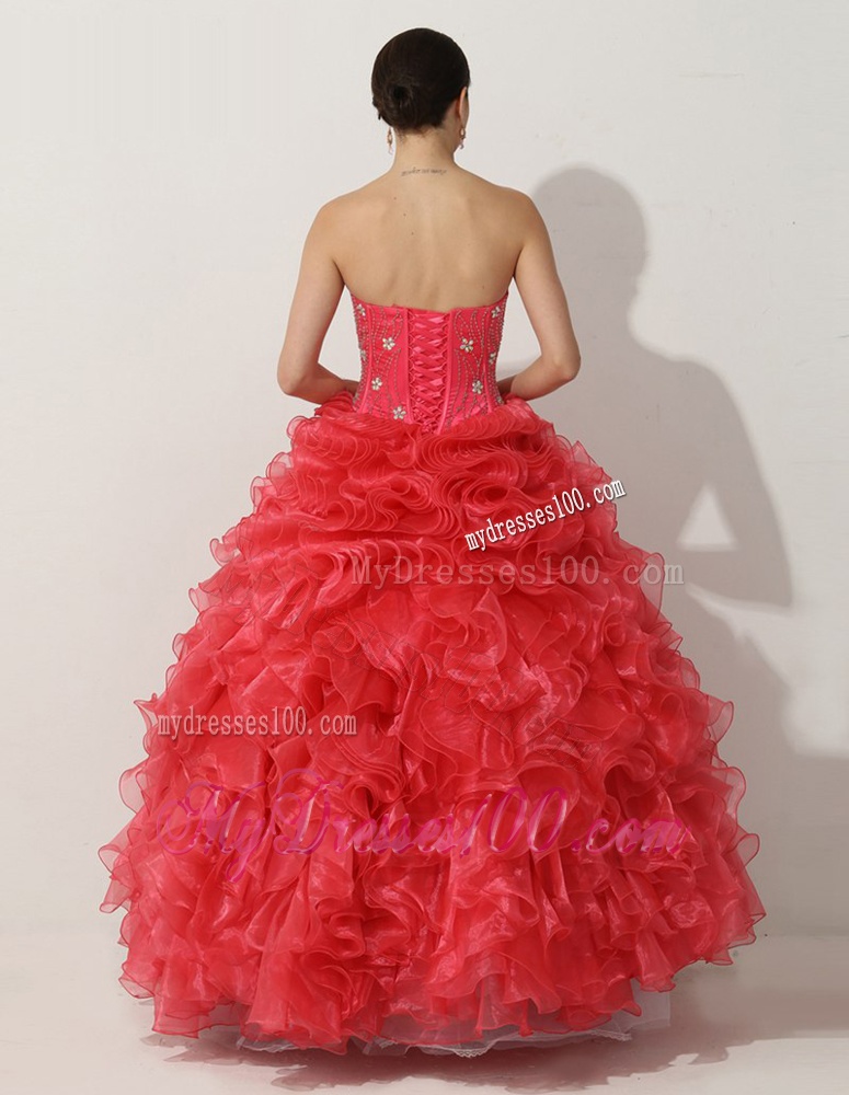 Eveningotional Princess Red Quinceanera Gown with Beading and Ruffles