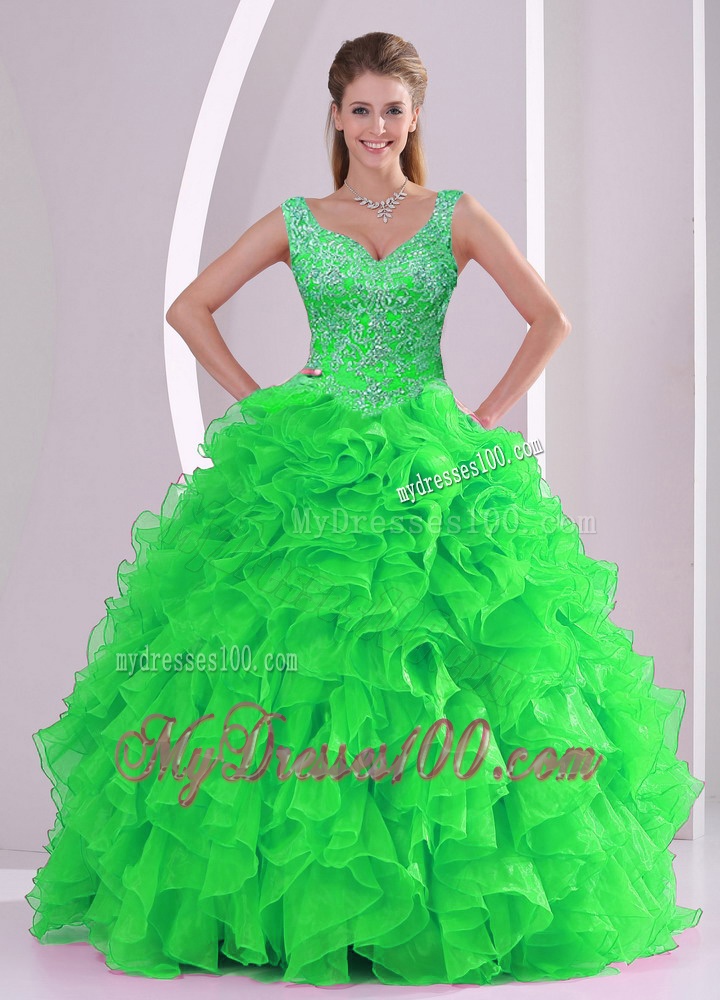 Wonderful Beading and Ruffles Spring Green Quinceanera Dresses