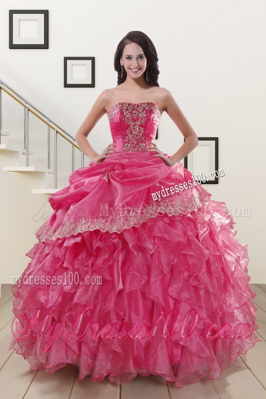Appliques and Ruffles 2016 Hot Pink Quinceanera Gowns