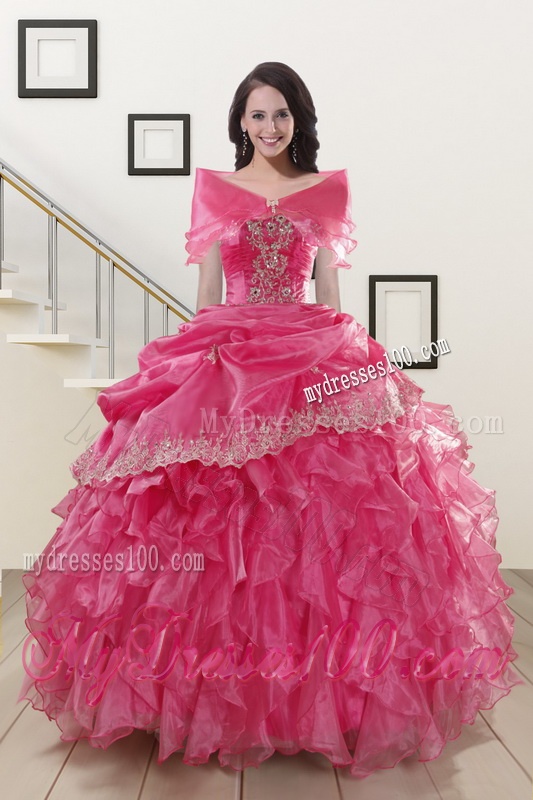 Appliques and Ruffles 2016 Hot Pink Quinceanera Gowns