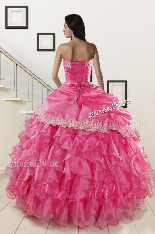 Appliques and Ruffles 2016 Hot Pink Quinceanera Gowns