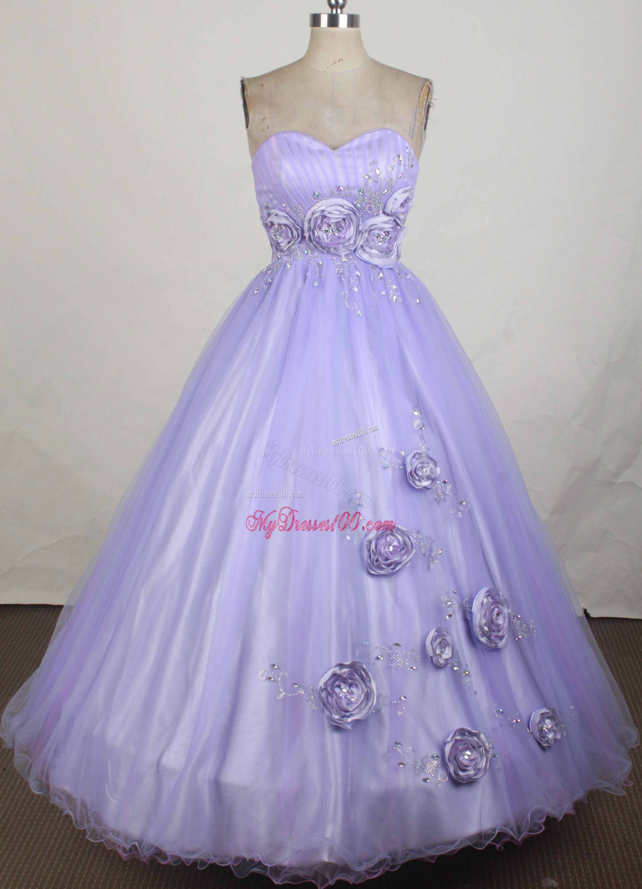 Beading and Flowers Decorate Quinceanera Gown in Lilac