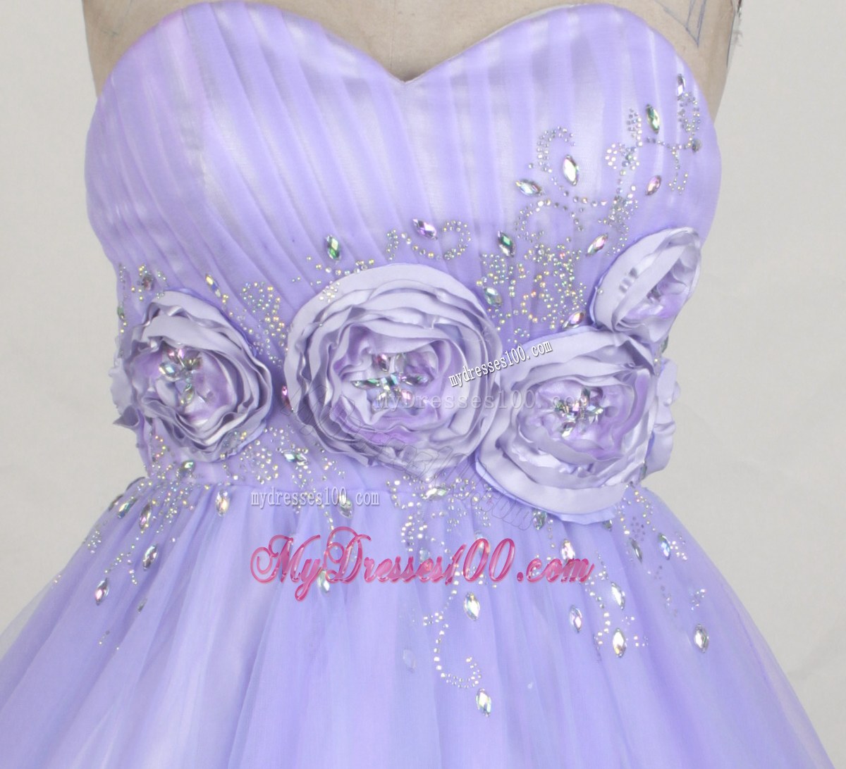 Beading and Flowers Decorate Quinceanera Gown in Lilac