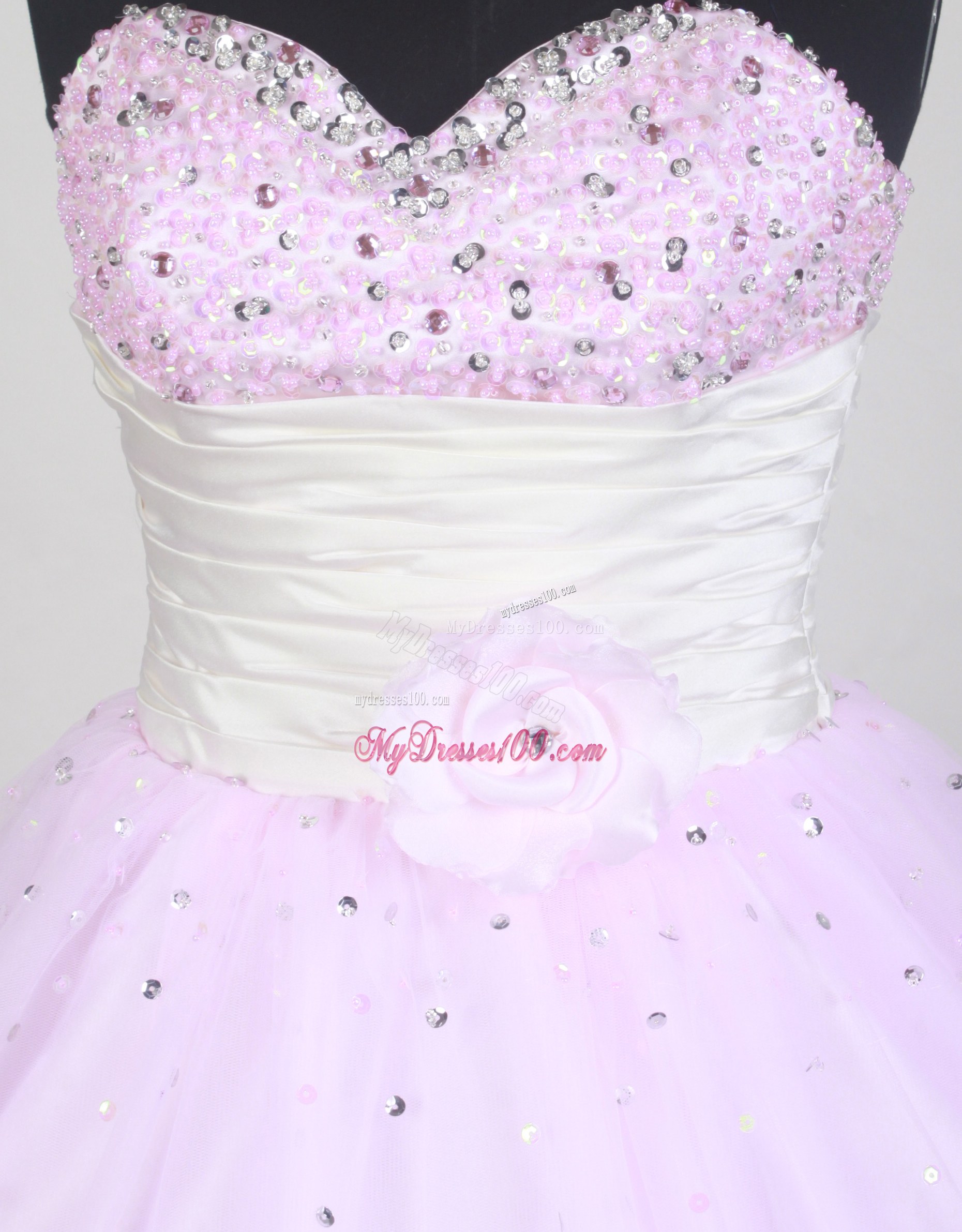 Beaded Baby Pink Quinceanera Gown with Ruched White Belt
