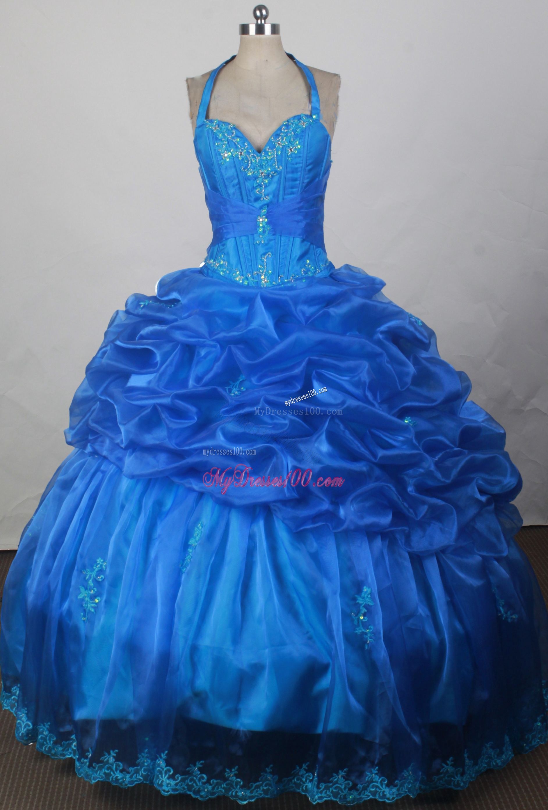 Halter Royal Blue Quinceanera Dress with Pick-ups and Appliques