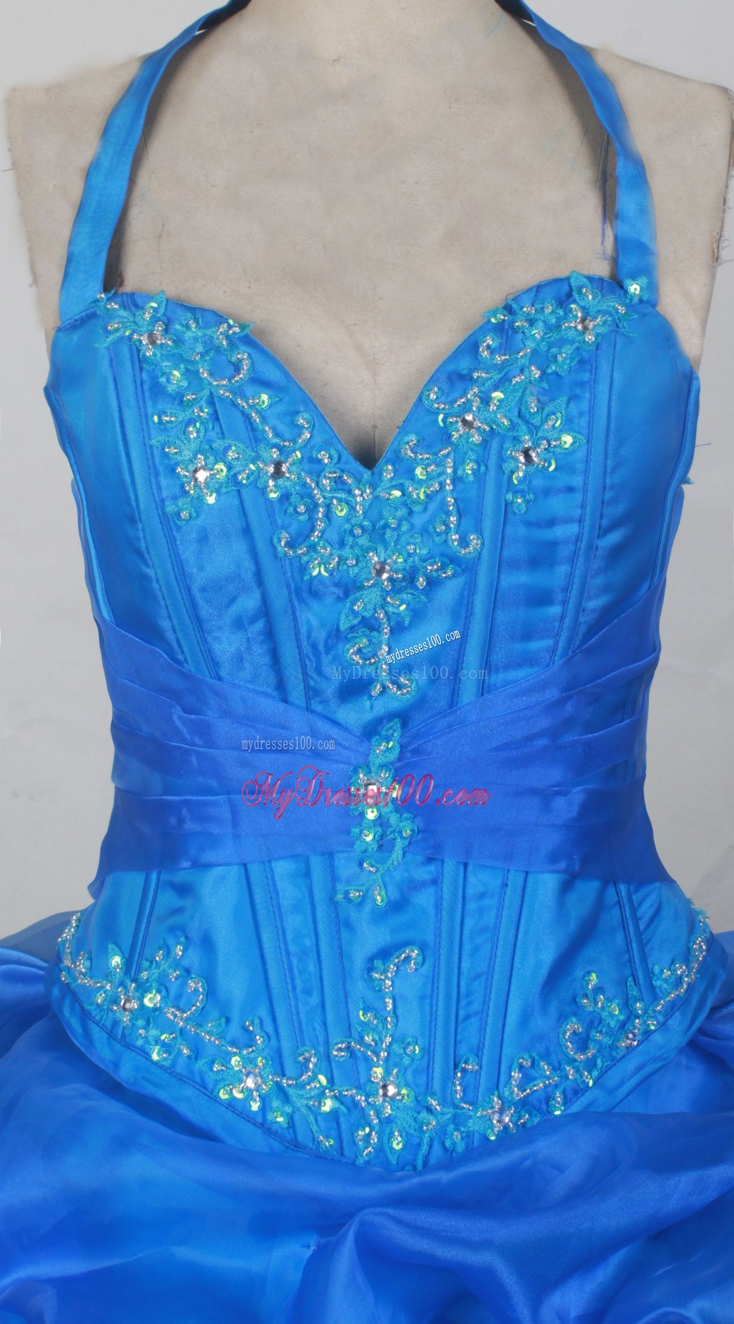 Halter Royal Blue Quinceanera Dress with Pick-ups and Appliques