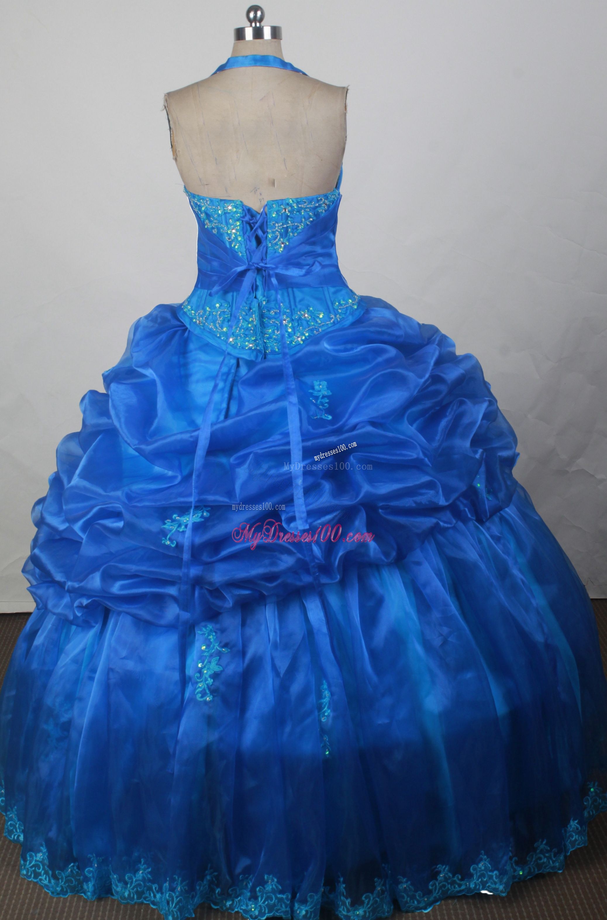 Halter Royal Blue Quinceanera Dress with Pick-ups and Appliques