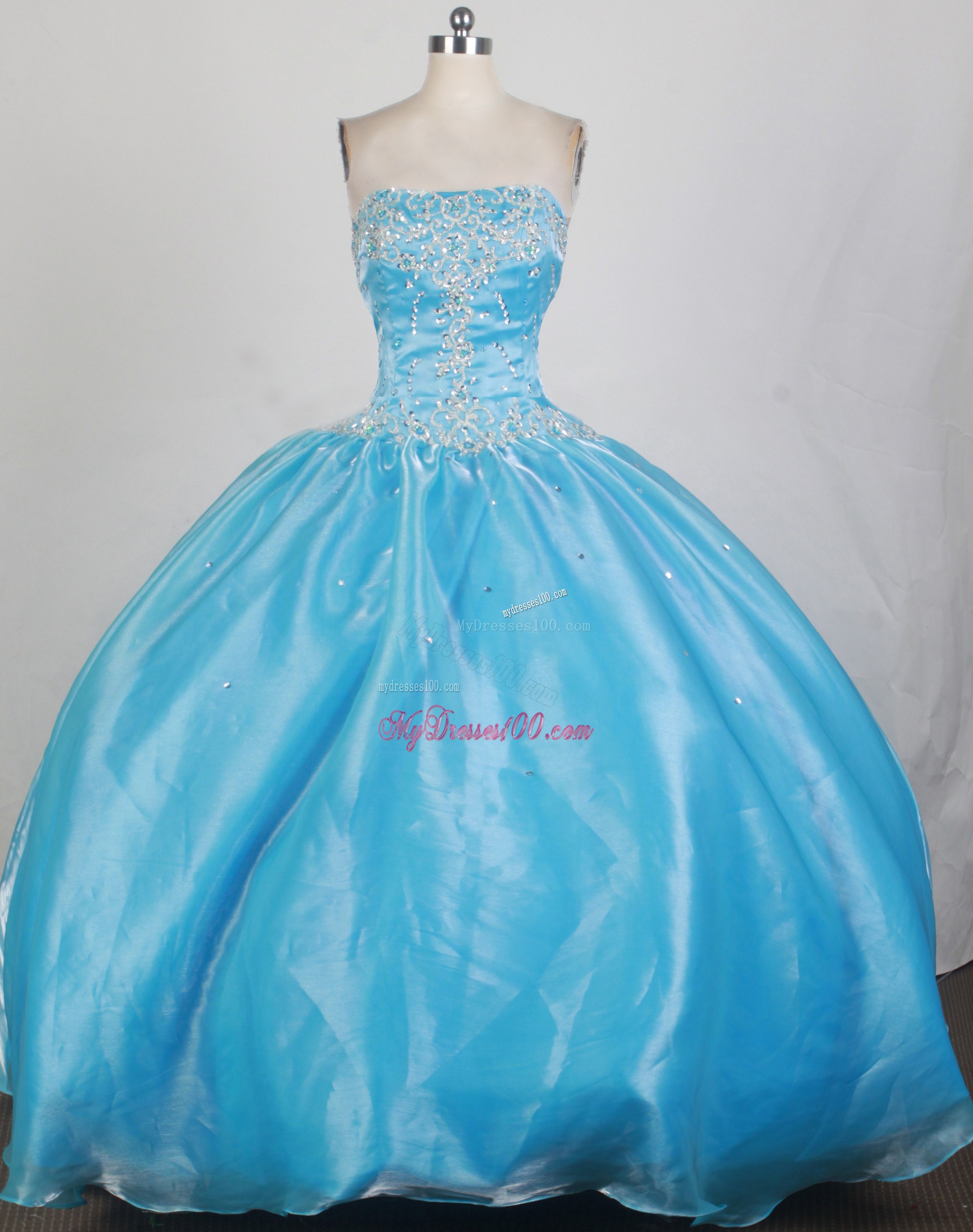 Beaded Appliques Blue Organza Sweet 16 Quinceanera Dress