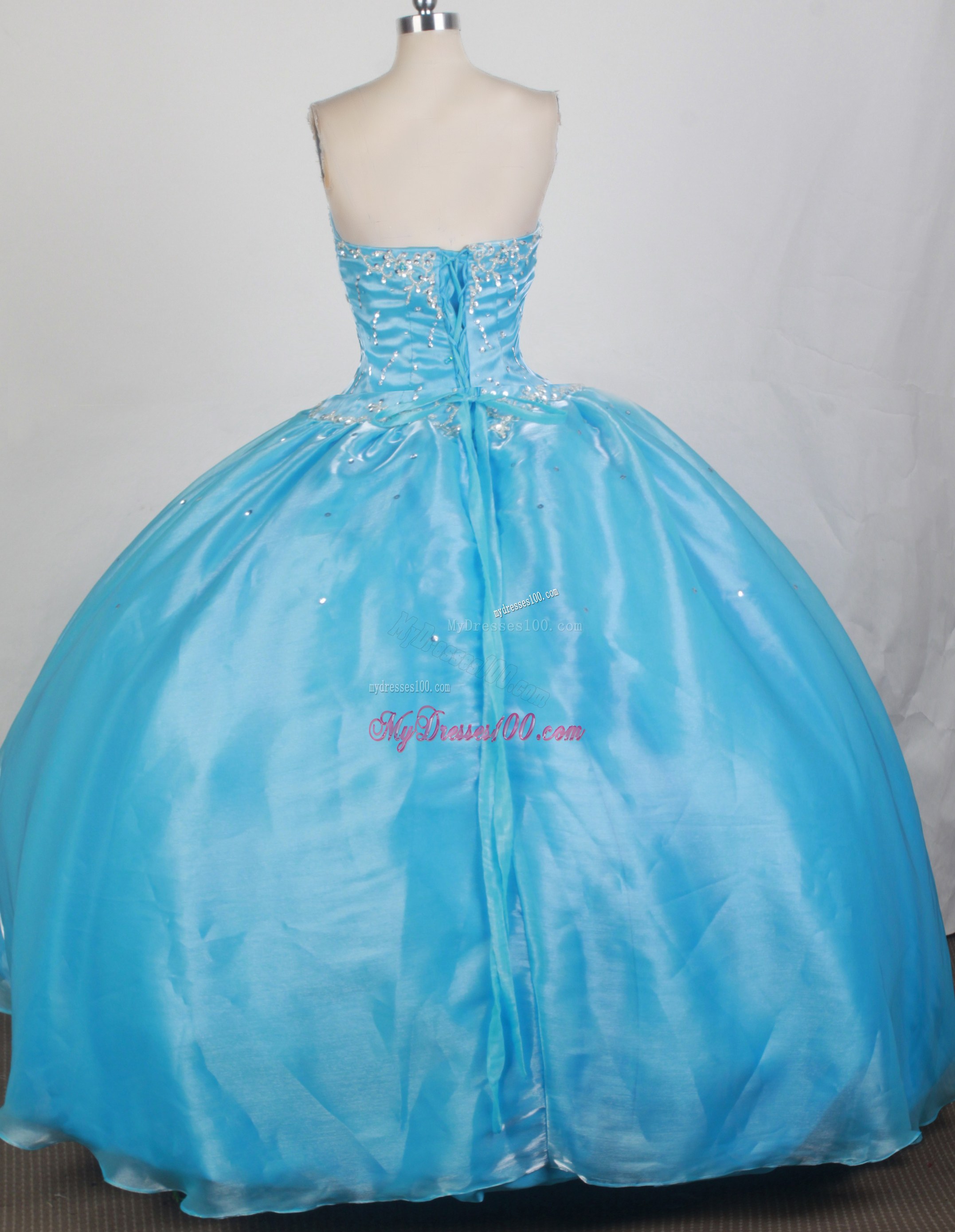 Beaded Appliques Blue Organza Sweet 16 Quinceanera Dress