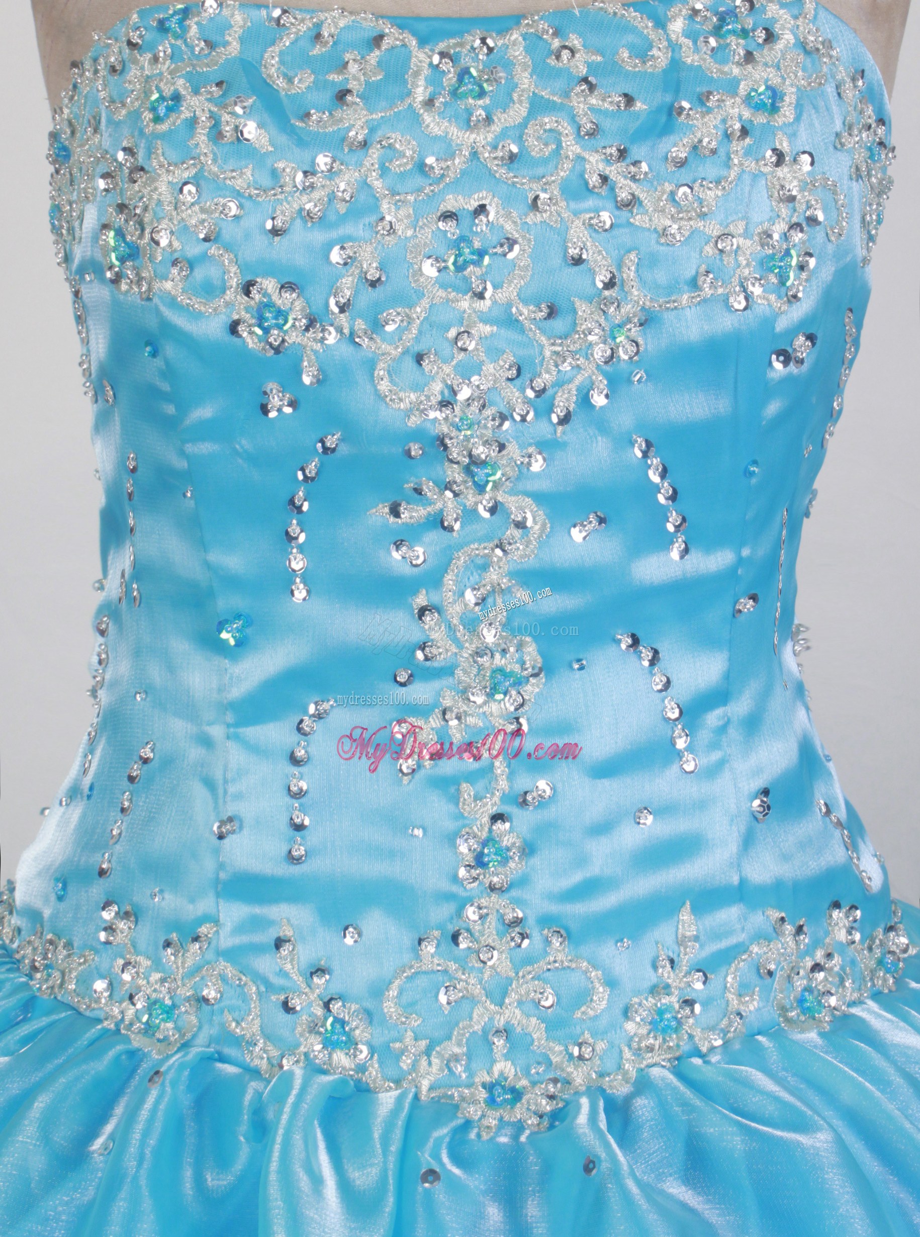 Beaded Appliques Blue Organza Sweet 16 Quinceanera Dress