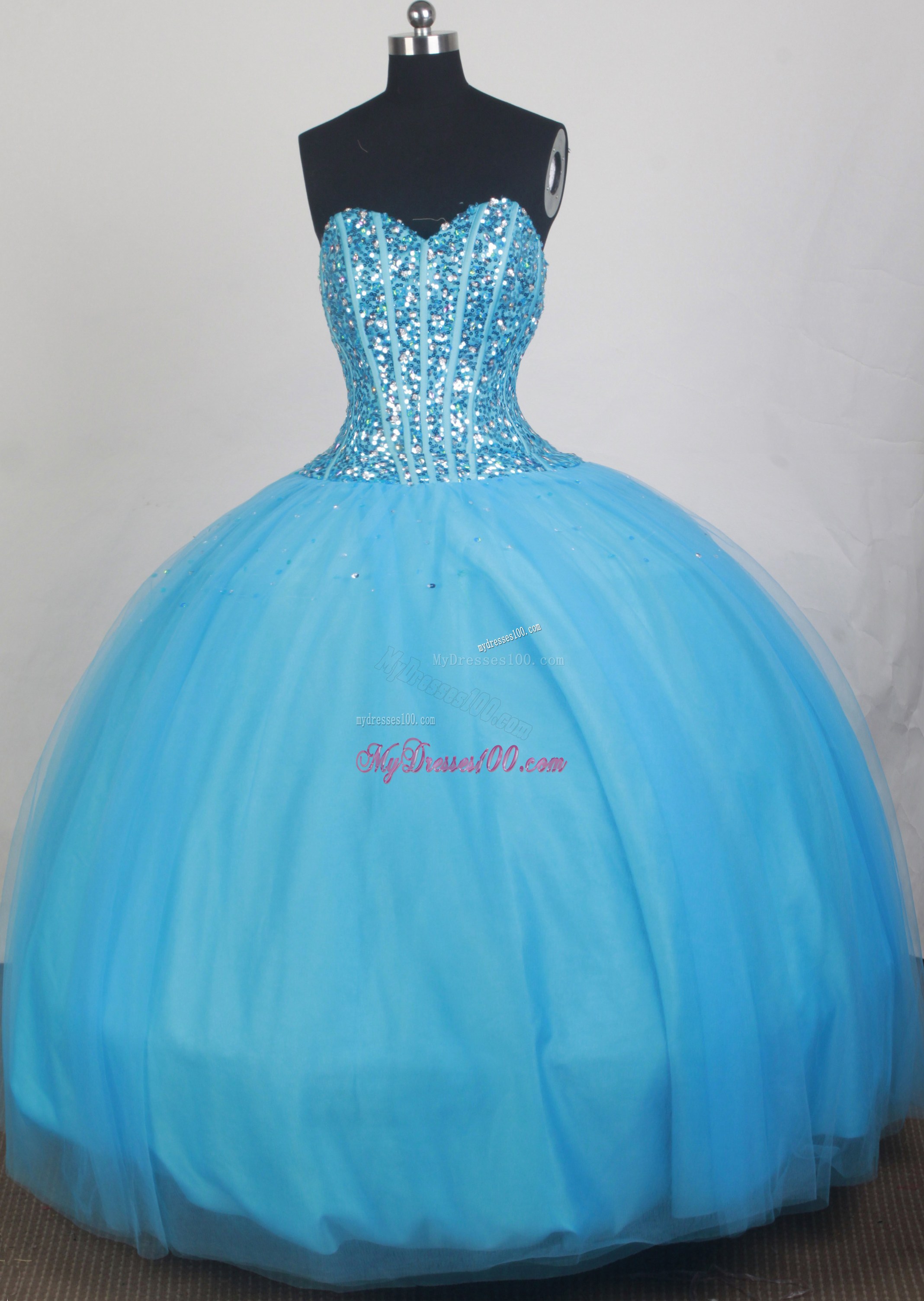 Sequin Decorate Bodice Blue Tulle Sweet 16 Quinceaner Dresses