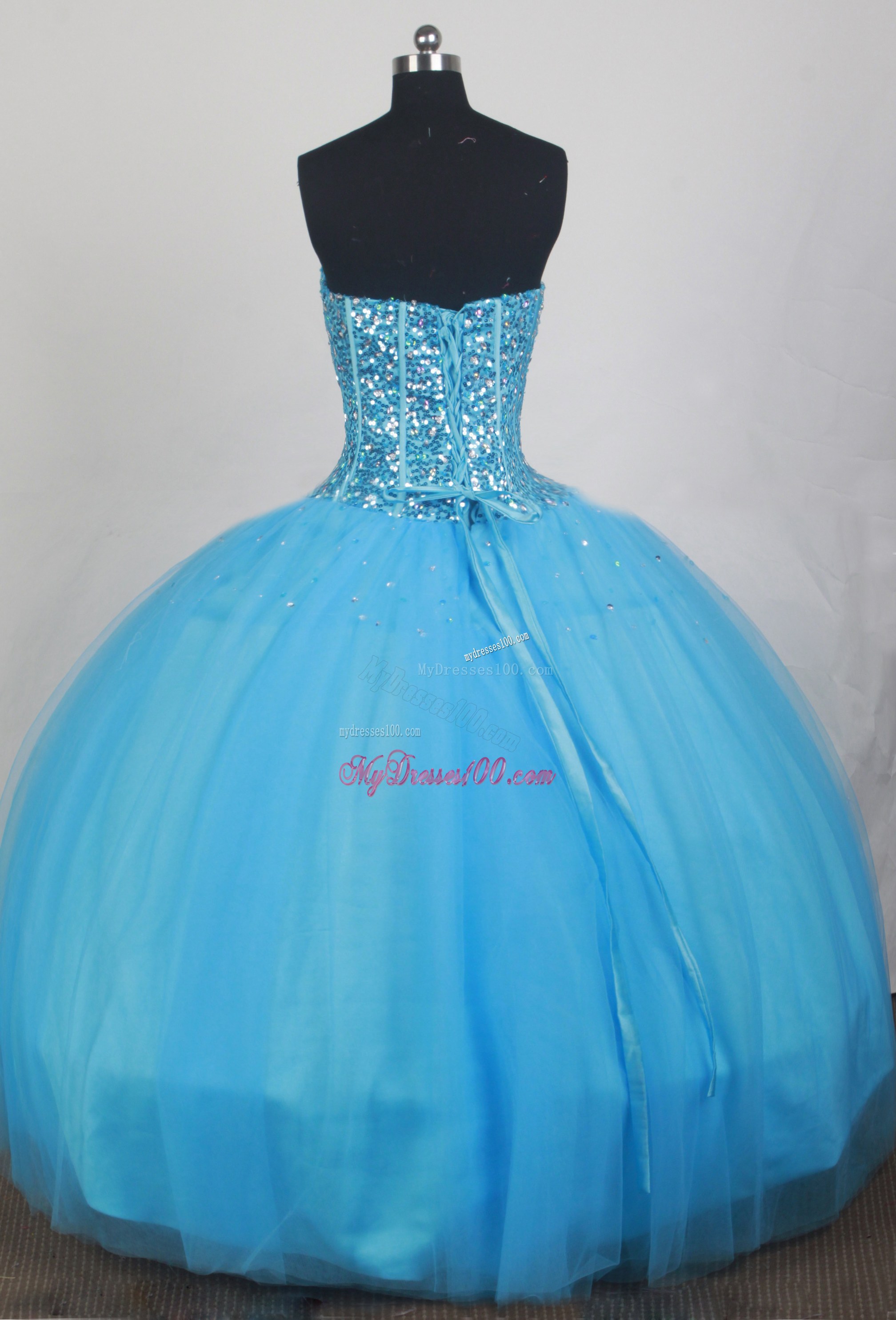 Sequin Decorate Bodice Blue Tulle Sweet 16 Quinceaner Dresses