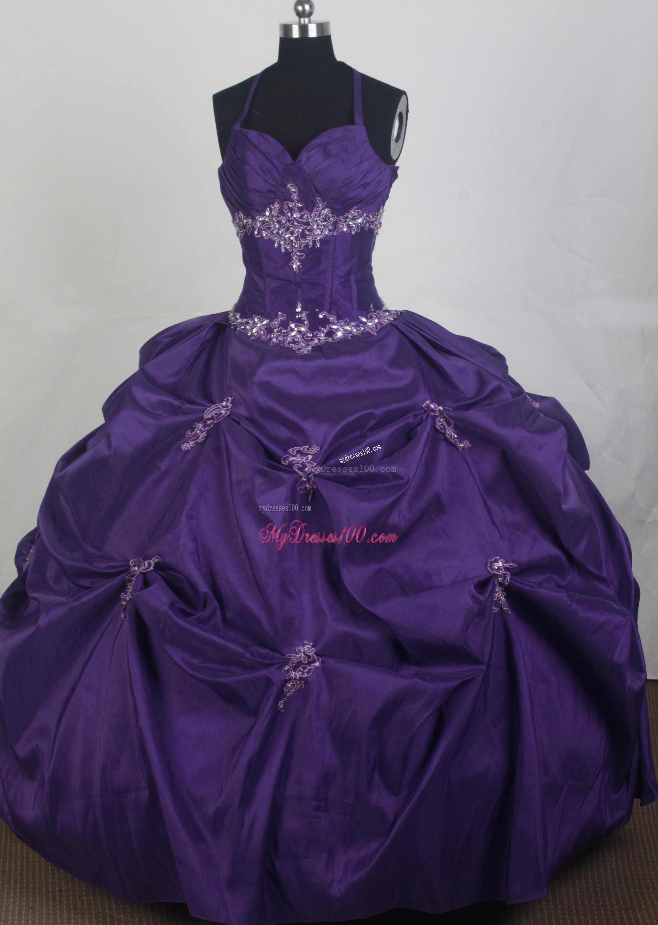 Halter Dark Purple Quinceanera Dress with Pick-ups and Appliques
