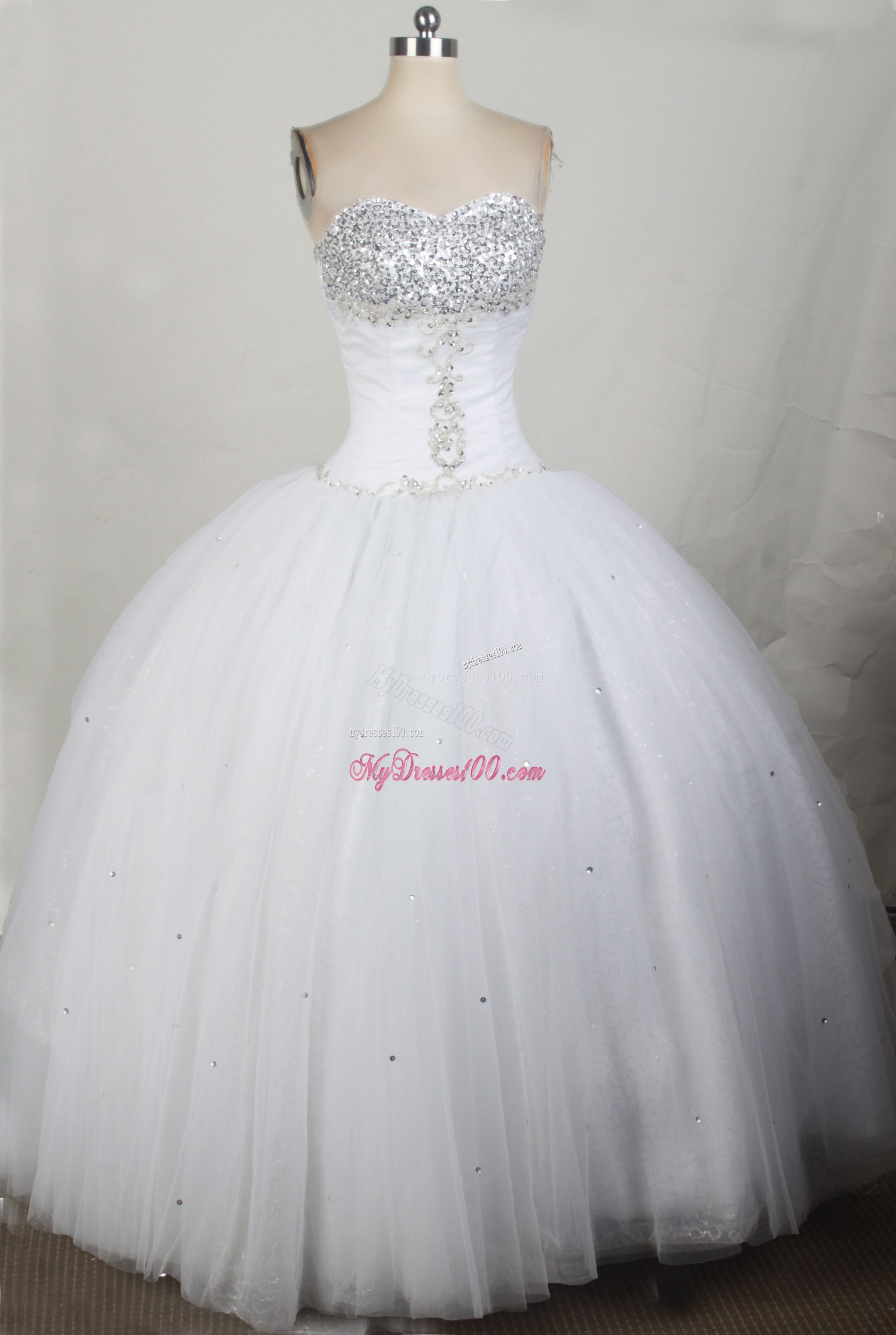 Beaded Sweetheart White Tulle Sweet 16 Quinceanera Dress