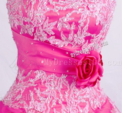 Hot Pink Ball Gown Dress for Quinceanera with Appliqued Hemline