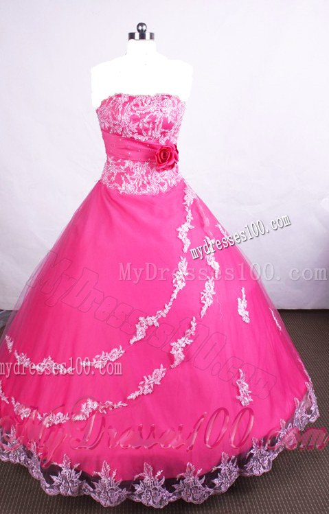 Hot Pink Ball Gown Dress for Quinceanera with Appliqued Hemline