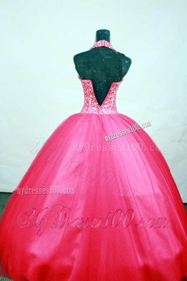 Ball Gown Hot Pink Halter Top Quinceanera Dresses with Rhinestones