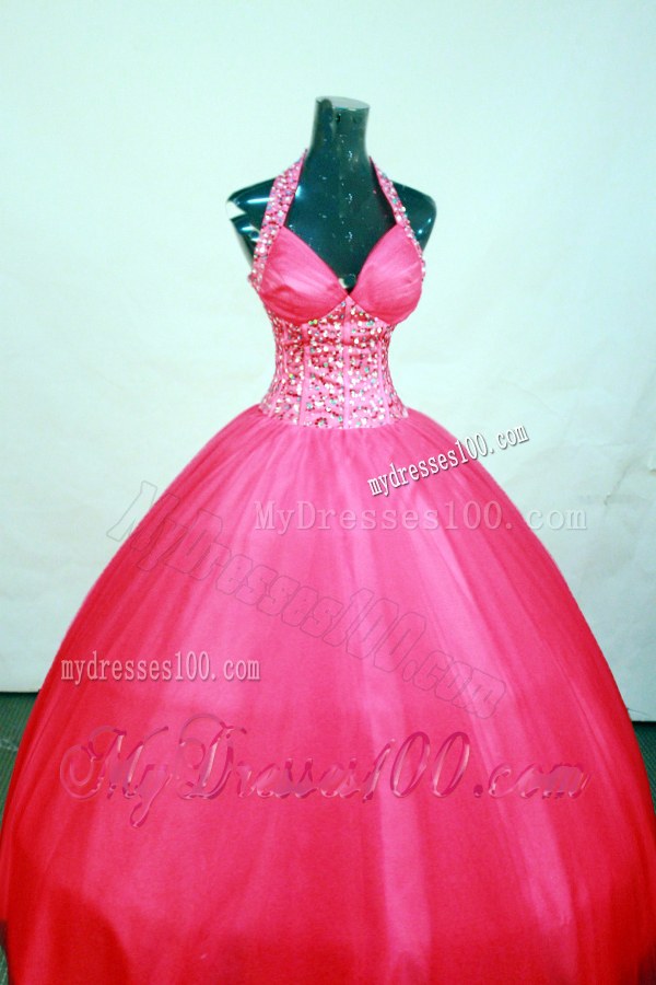 Ball Gown Hot Pink Halter Top Quinceanera Dresses with Rhinestones