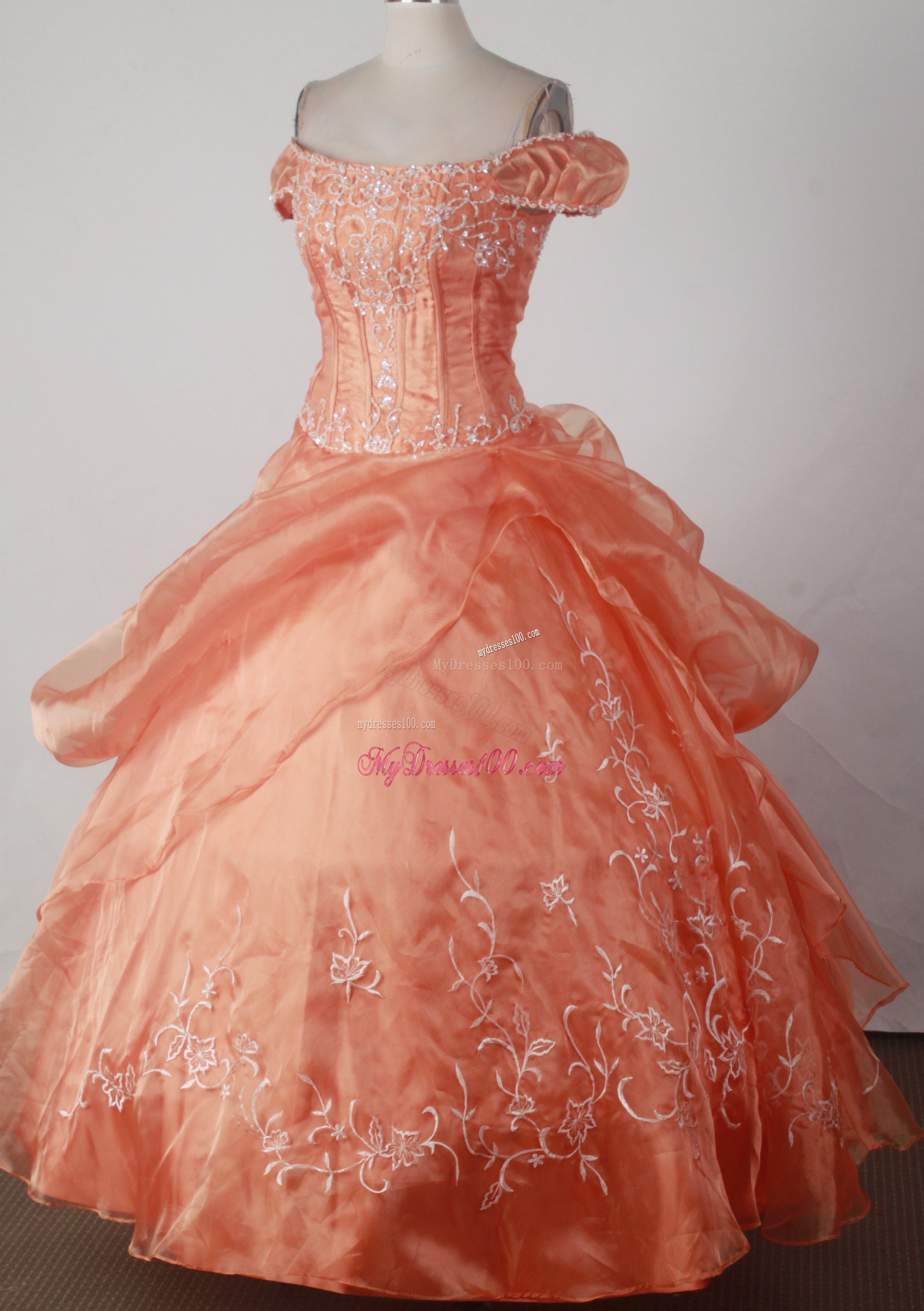 Off-The-Shoulder Orange Quinceanera Dress with Embroidery