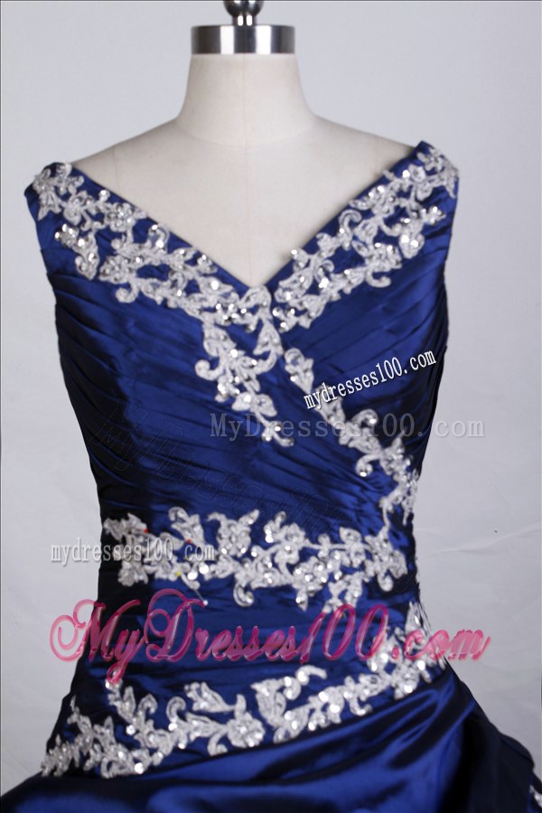 V-Neck Appliqued Royal Blue Quinceanera Dress with Pick-ups