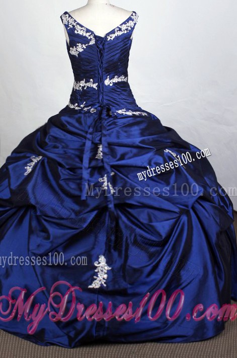 V-Neck Appliqued Royal Blue Quinceanera Dress with Pick-ups