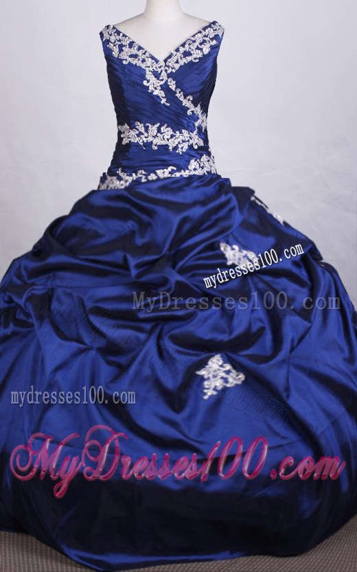 V-Neck Appliqued Royal Blue Quinceanera Dress with Pick-ups
