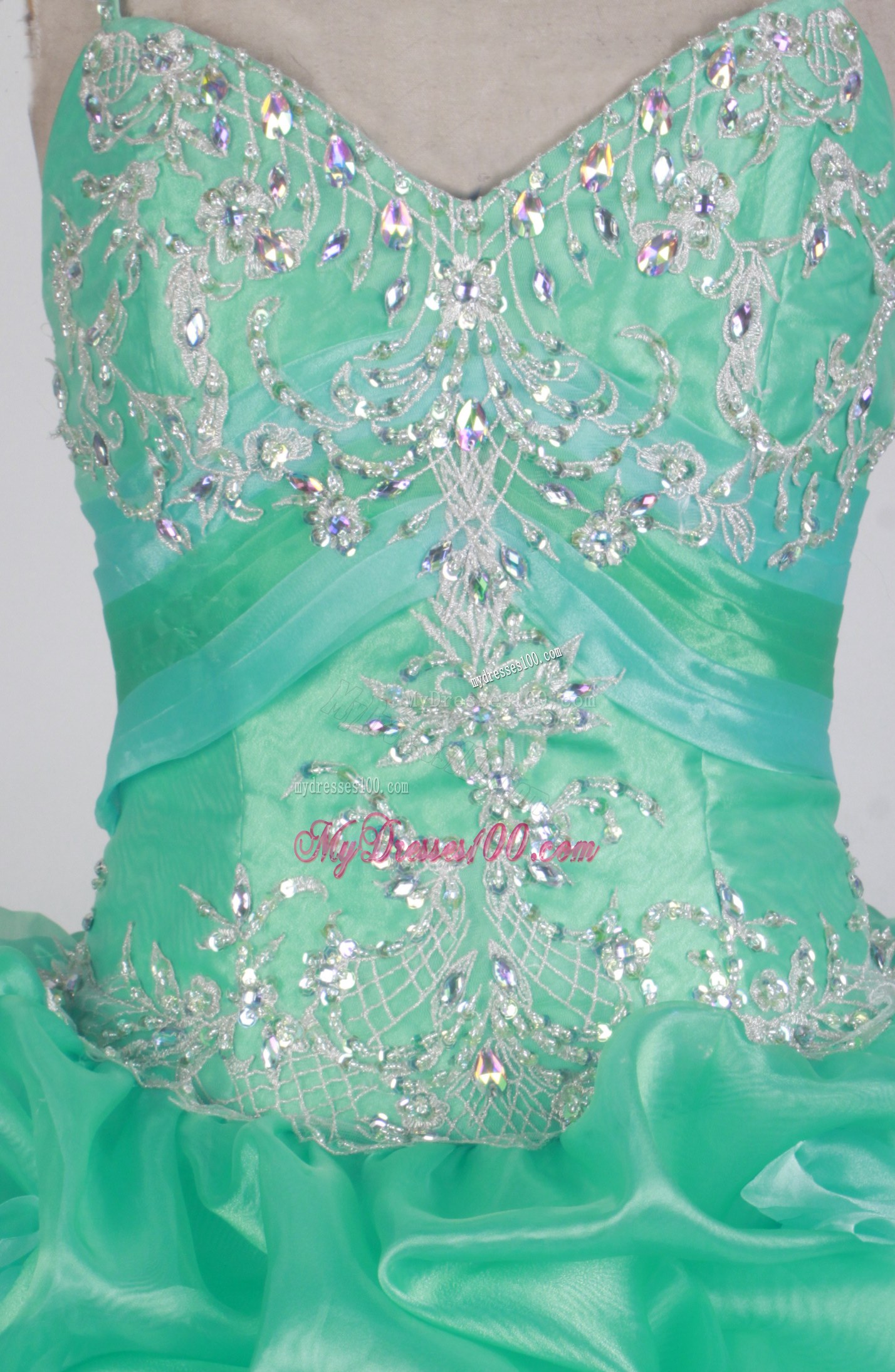 Appliques Spaghetti Straps Pick-ups Medium Aquamarine Quinceanera Dress