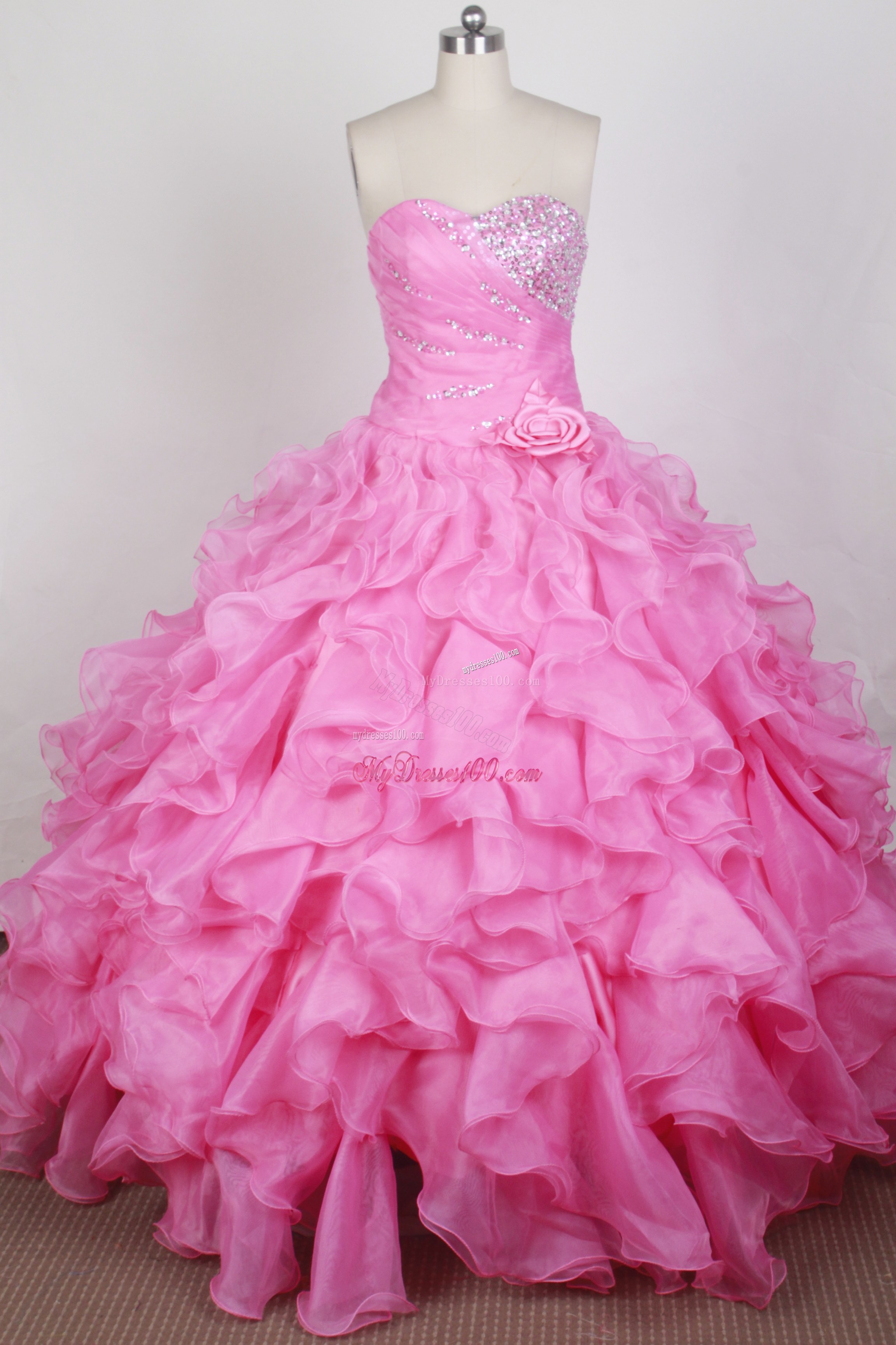 Beaded and Puffy Ruffled Floral Qinceanera Dress in Rose Pink