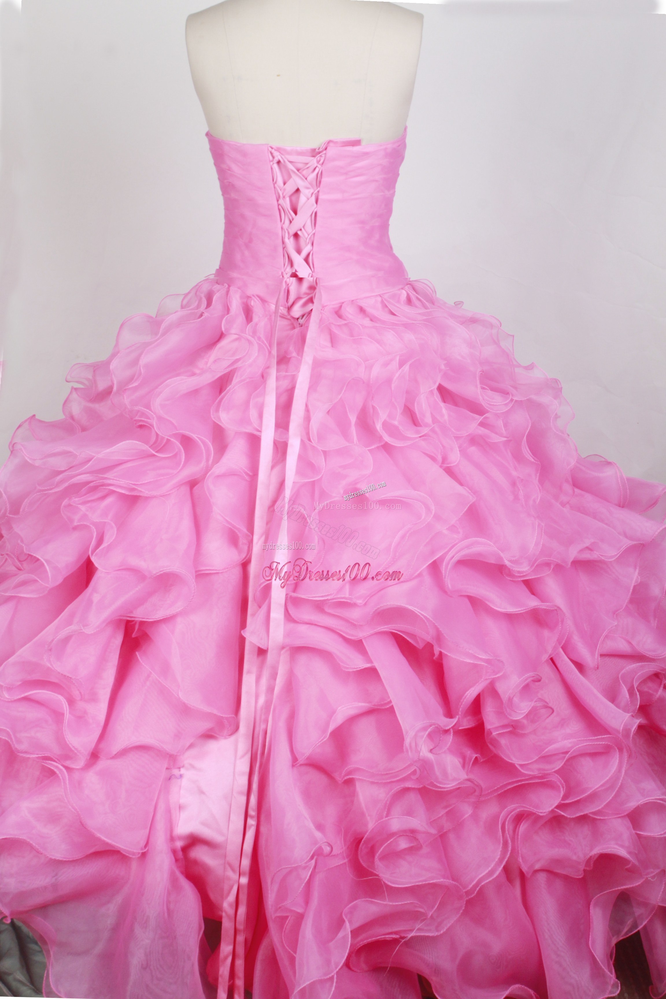 Beaded and Puffy Ruffled Floral Qinceanera Dress in Rose Pink