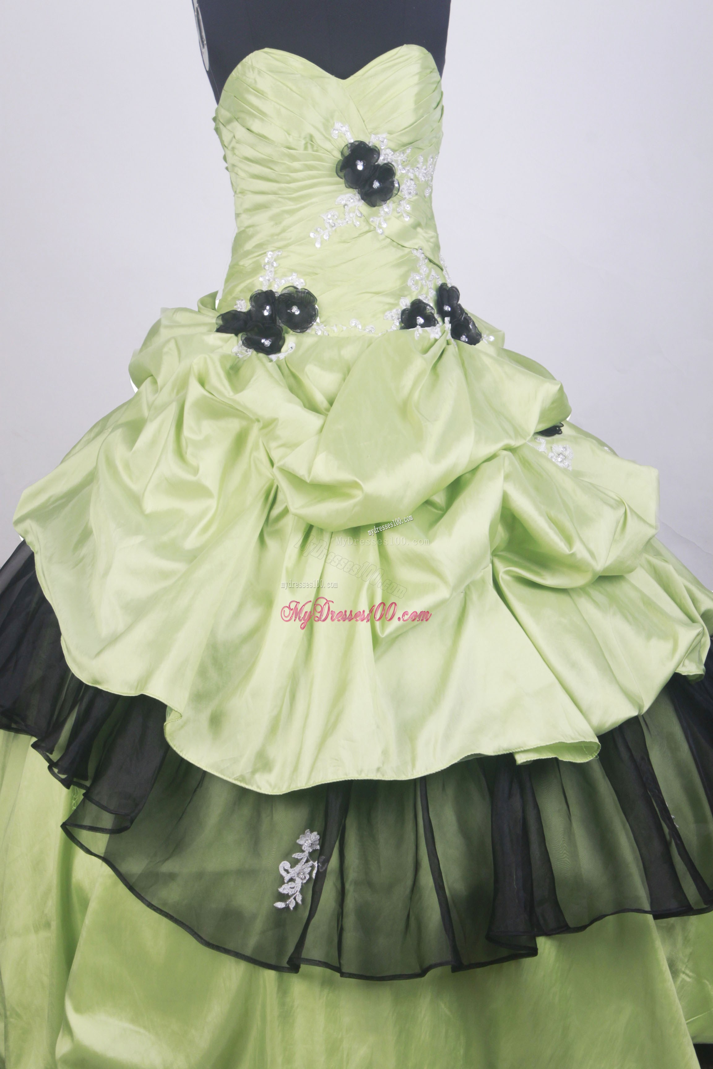 Black and Sage Quinceanera Dress with Flowers and Pick-ups