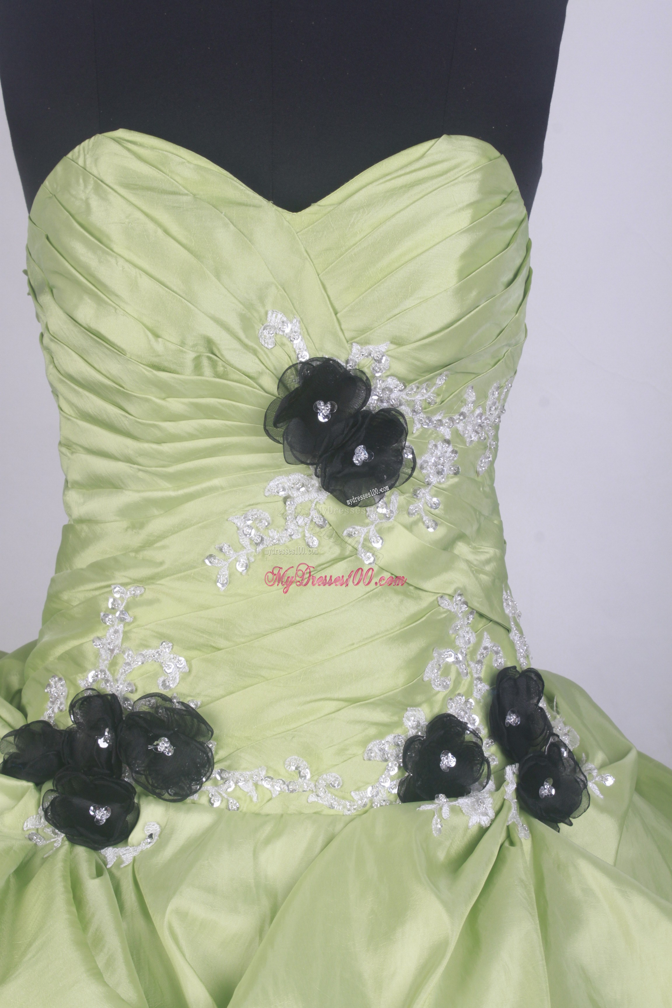 Black and Sage Quinceanera Dress with Flowers and Pick-ups