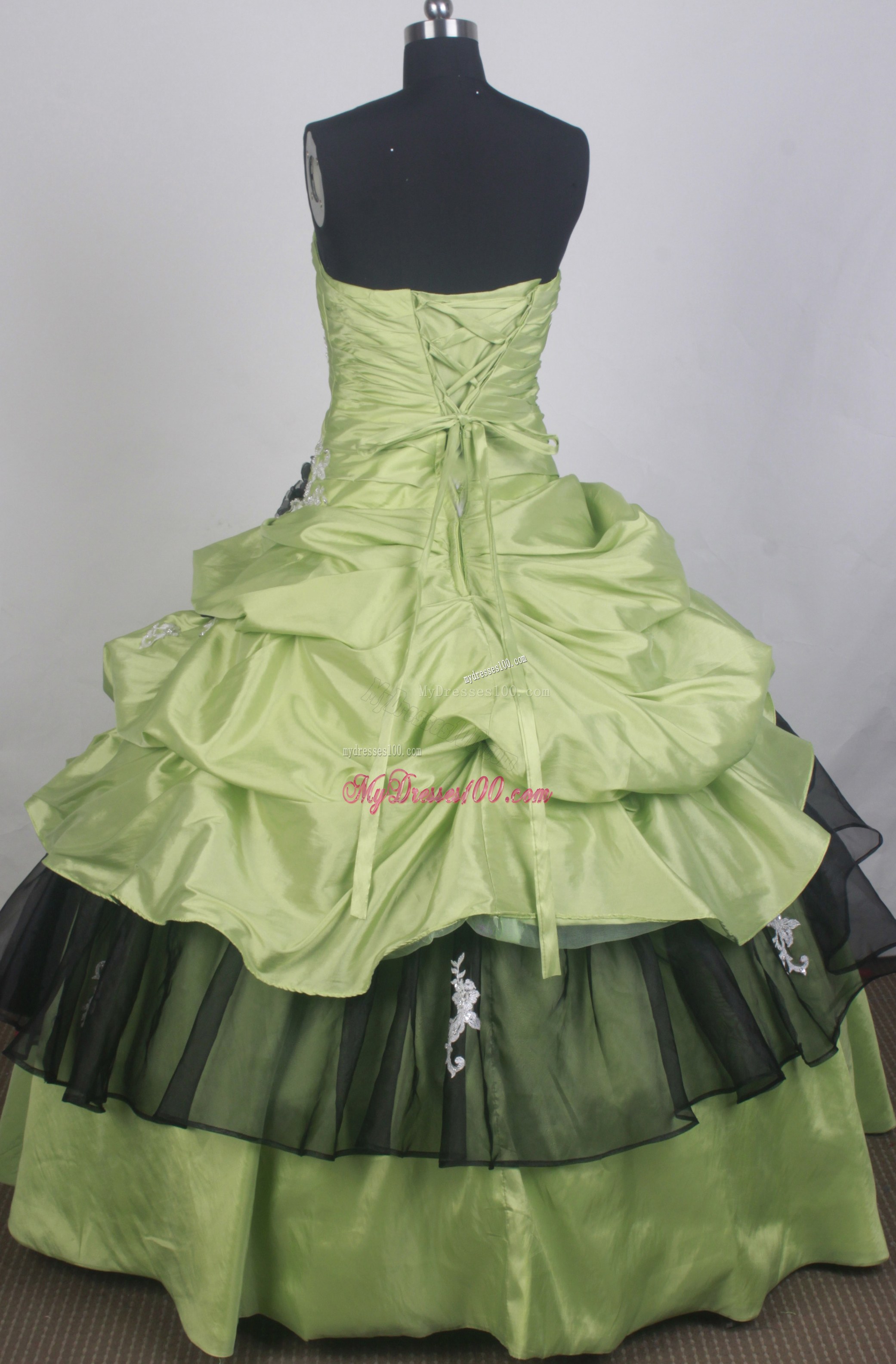 Black and Sage Quinceanera Dress with Flowers and Pick-ups