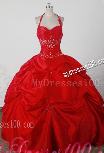 Pick-ups and Beading Decorate Halter Wine Red Quinceanera Dress