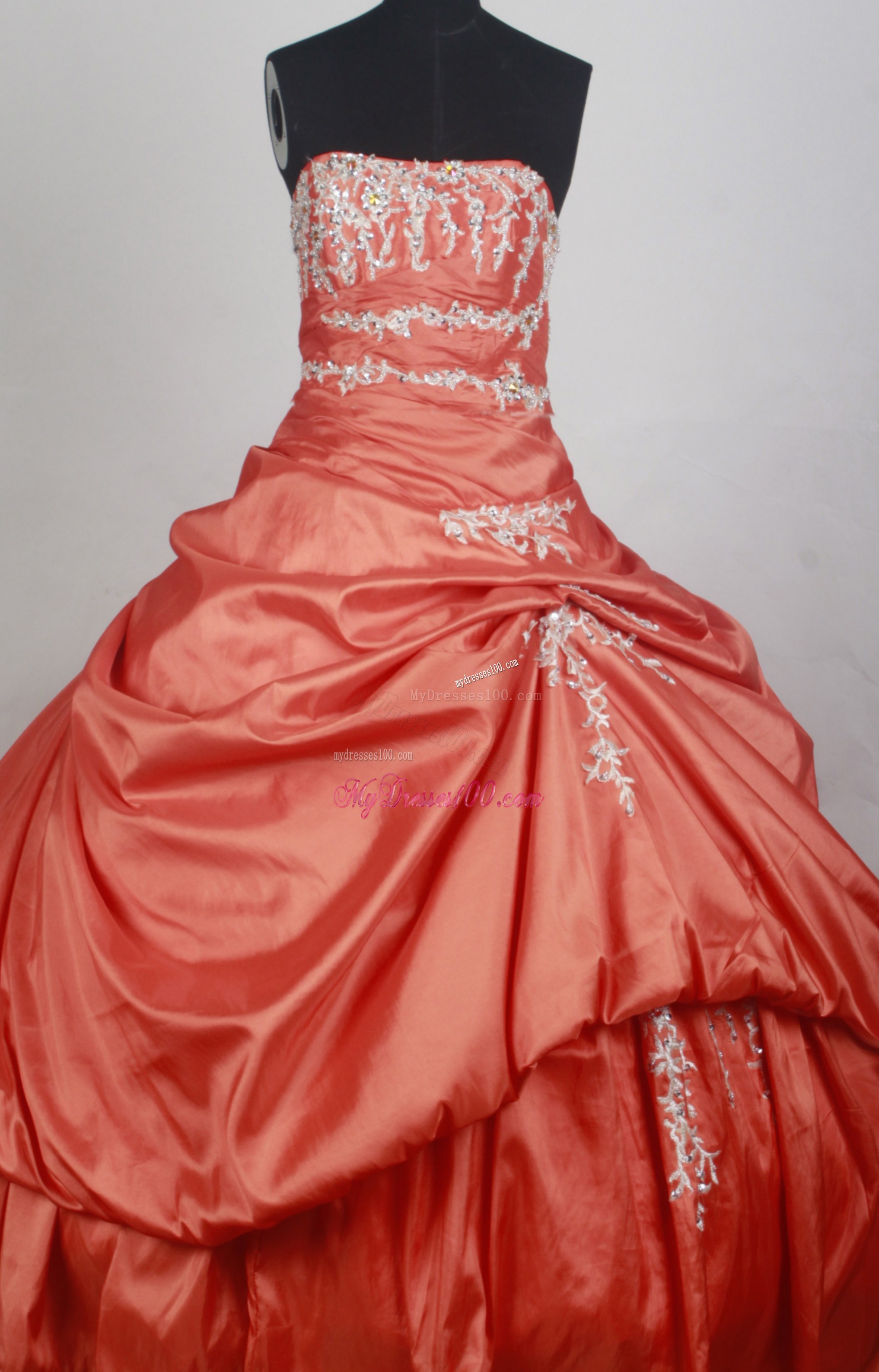 Orange Red Ball Gown Quinceanera Dress with Appliques and Pick-ups