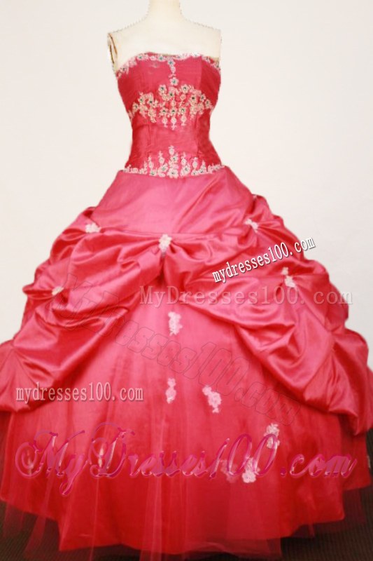 Appliques Strapless Pick Ups Coral Red Ball Gown Quinceanera Dresses