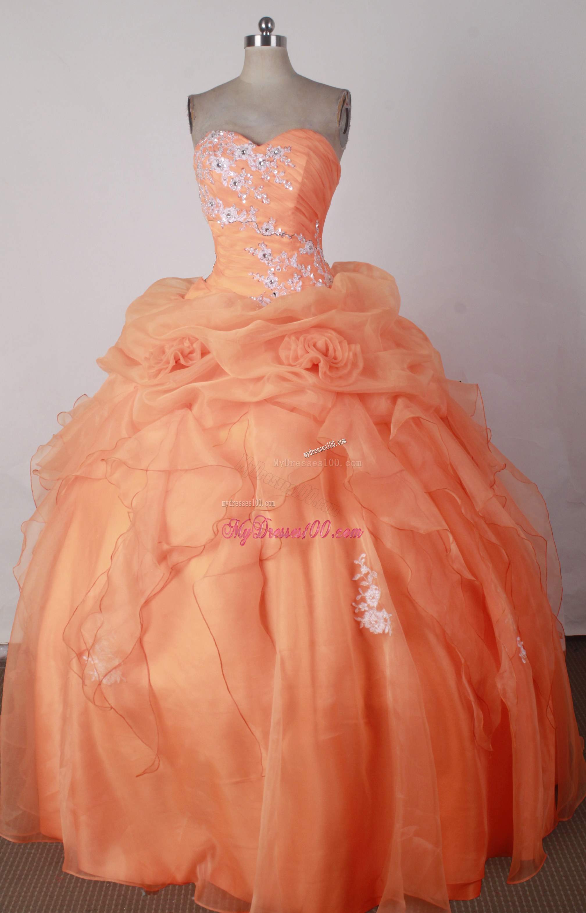 Appliqued and Floral Orange Quinceanera Gowns with Pick-ups